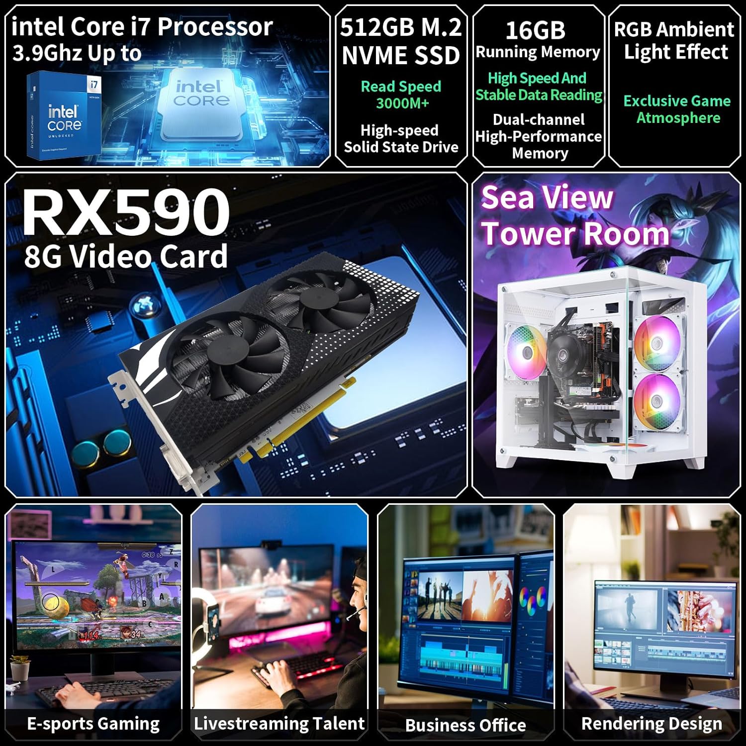 Prebuilt Gaming PC Desktop Computer Intel Core i7 Desktop Operating at A Frequency of 3.4-3.9 GHz RX590 Graphics Card with 8GB GDDR5 Video Memory 16GB RAM  512GB SSD WiFi 5.0 RGB Fan x4
