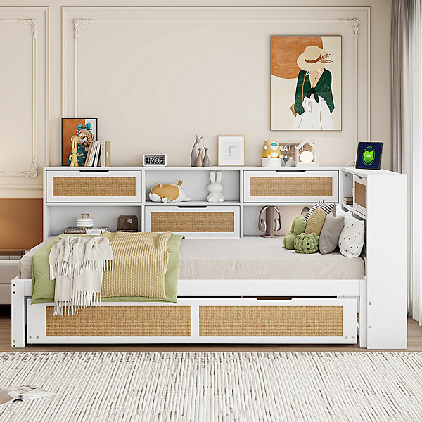 Canapé lit bois 90x200 avec lit gigogne lit simple multifonction avec rangements et prise de charge couleur blanche