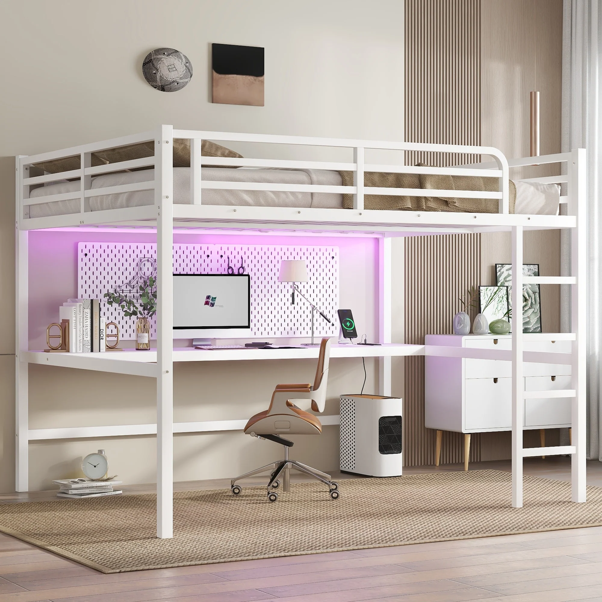 Metal Queen Size Loft Bed with Power Outlet and LED Lighted, Space-Saving, Noise Reduced, White