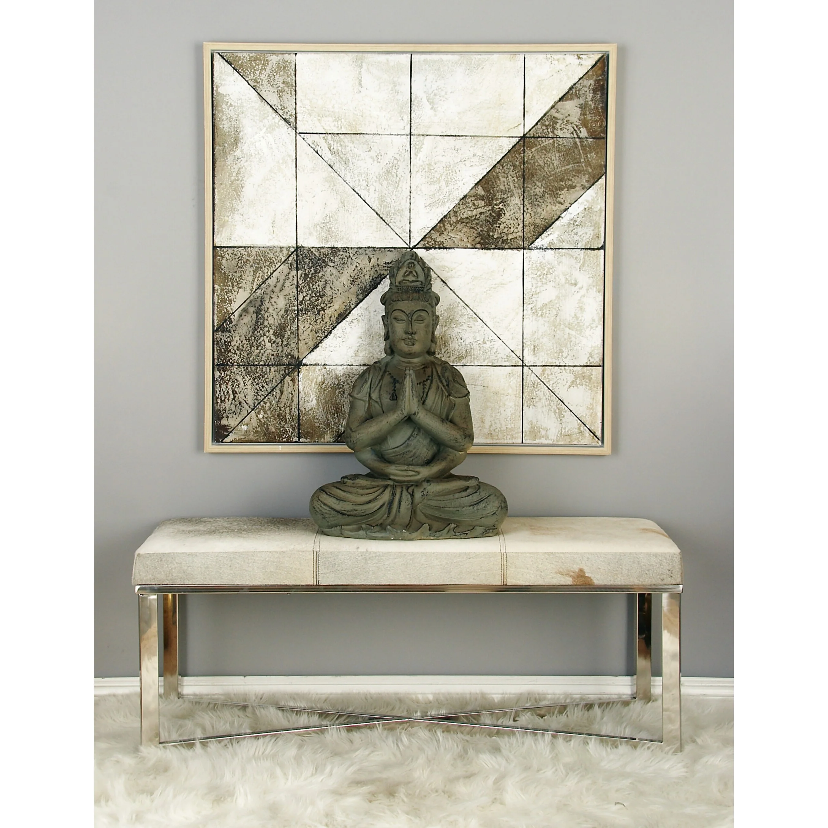 Leather Handmade Cowhide Bench with Silver Metal Base - Gray - Roche River Decor - 17Wx49Lx19H