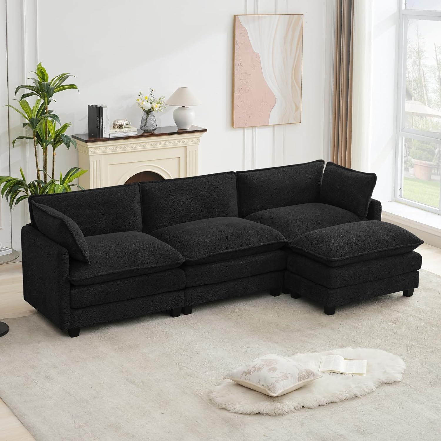 ROWHY Oversized Modular Sectional Couch with Movable Ottoman, 112 Modern Convertible L Shaped Sofa Set, 4 Seat Comfy Cloud Couch with 2 Throw Pillows, for Living Room and Office, Chenille, Black