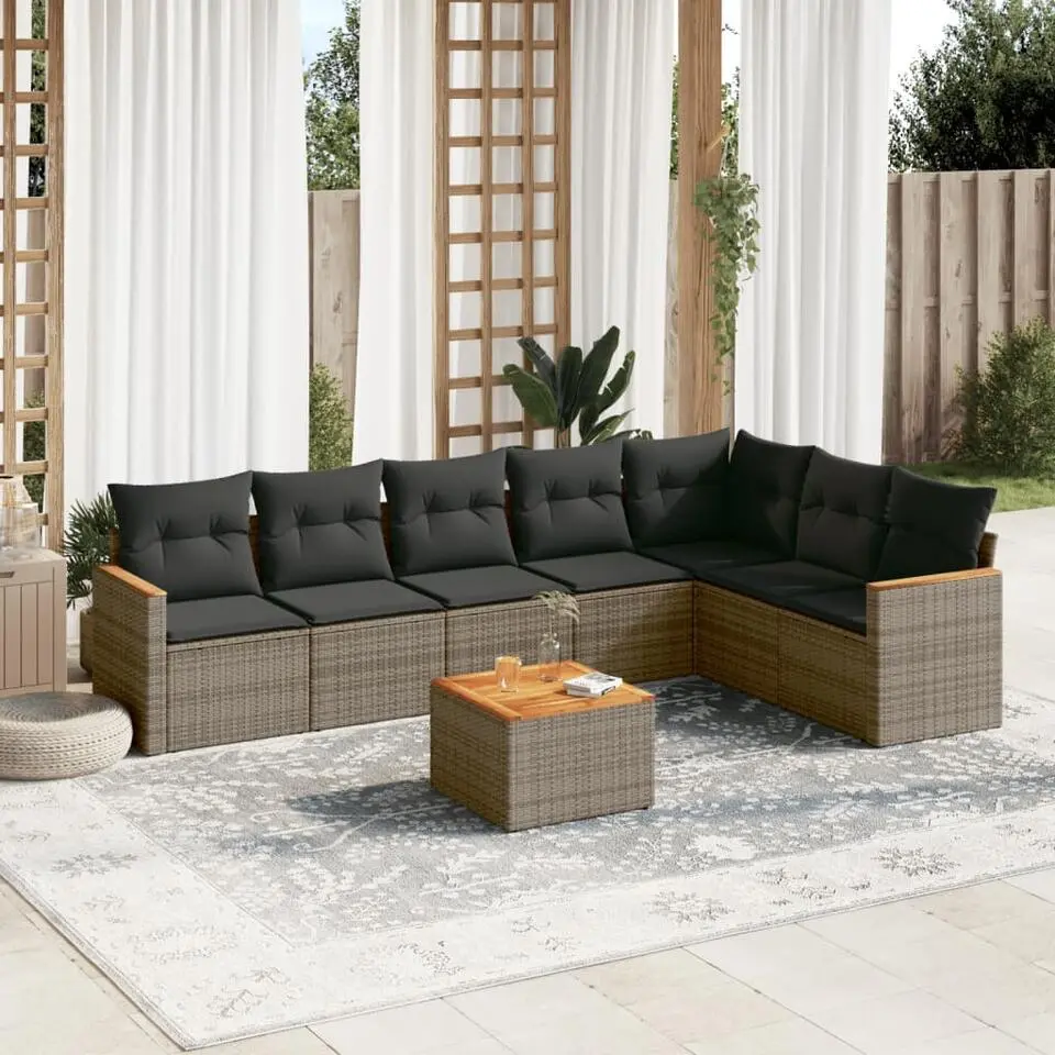 vidaXL 8-delige Loungeset voor 7 met kussens en salontafel - Gris - Poly rattan
