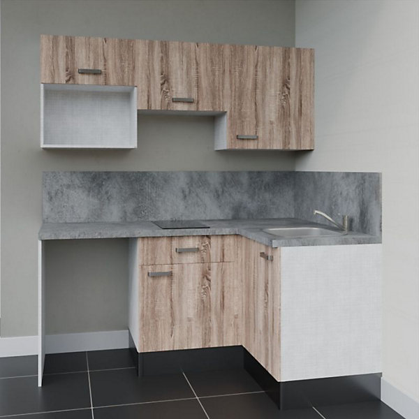 Kitchenette KA03 - 128 cm - Façades : Bois - Plan de travail : Gris béton - Crédences : Oui - Evier