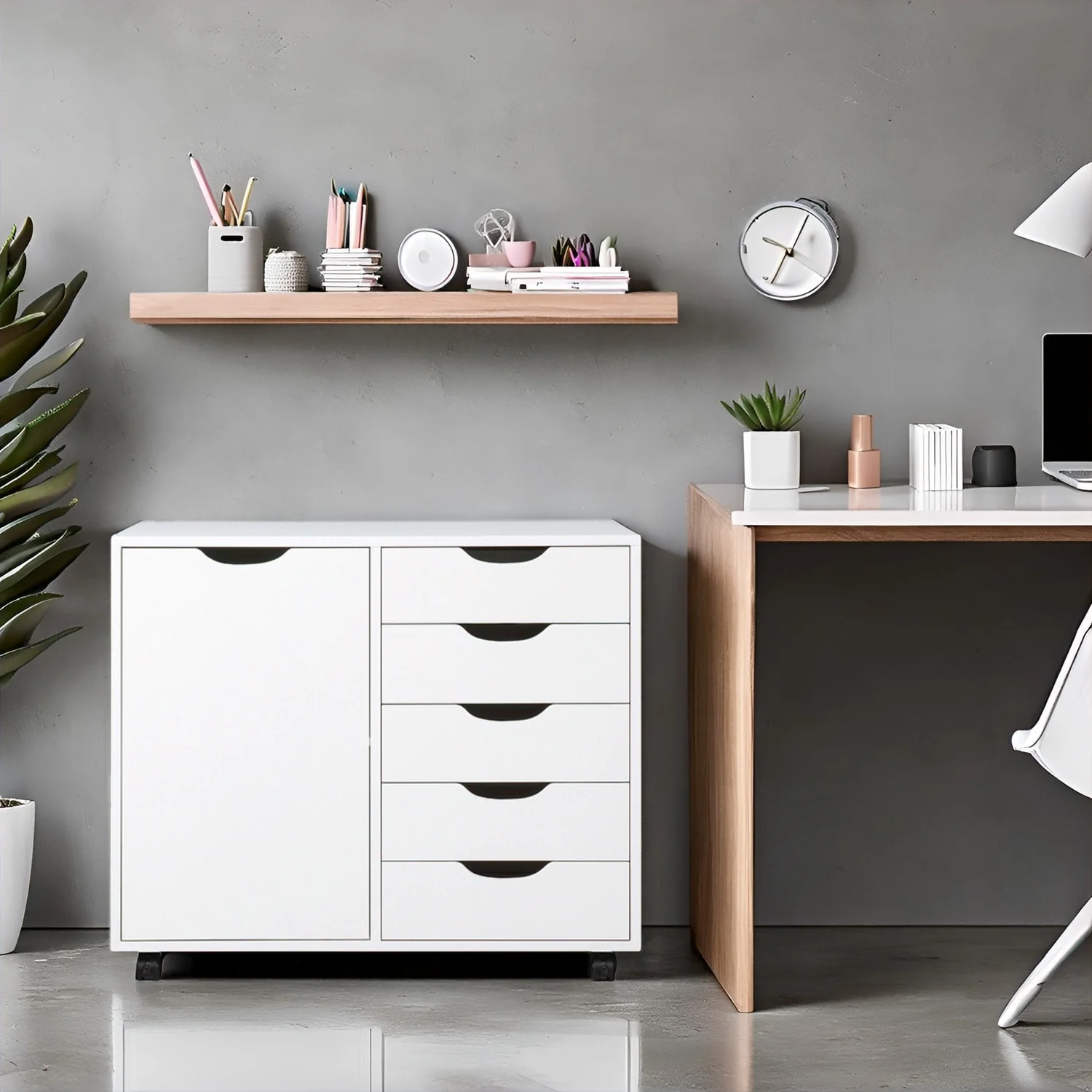 Wooden 5-Drawer Office Storage Cabinet with Extra Shelf and 360° Mobility for Effortless Organization