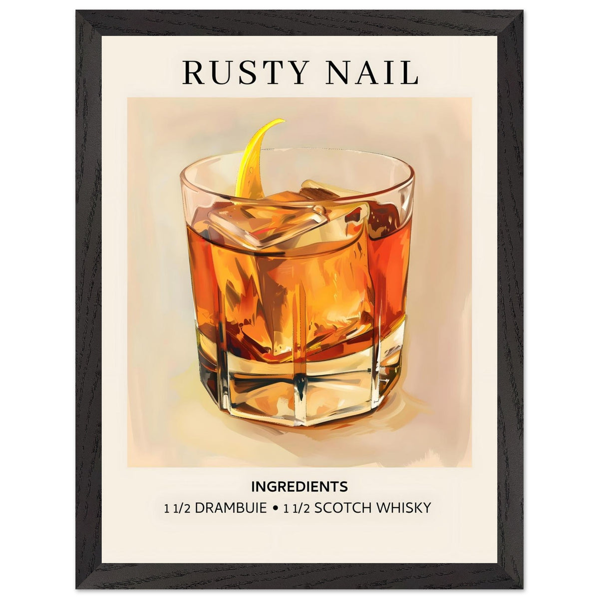 Artfulprints Poster met Lijst Rusty Nail cocktail - Ingredients  - 30x40 cm - Bruin