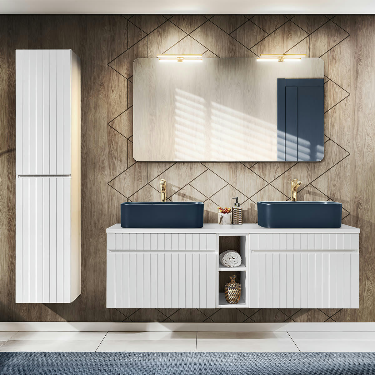 - Ensemble meuble double vasque 140cm et colonne stratifiés blanc