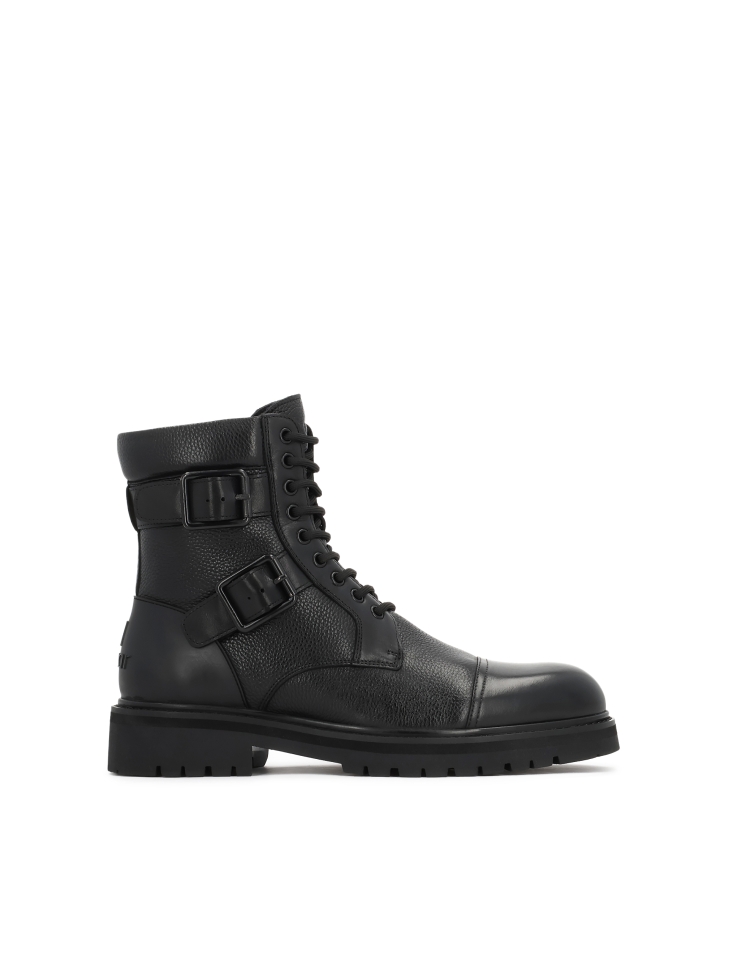 Black leather men's boots with buckles and lace-up upper