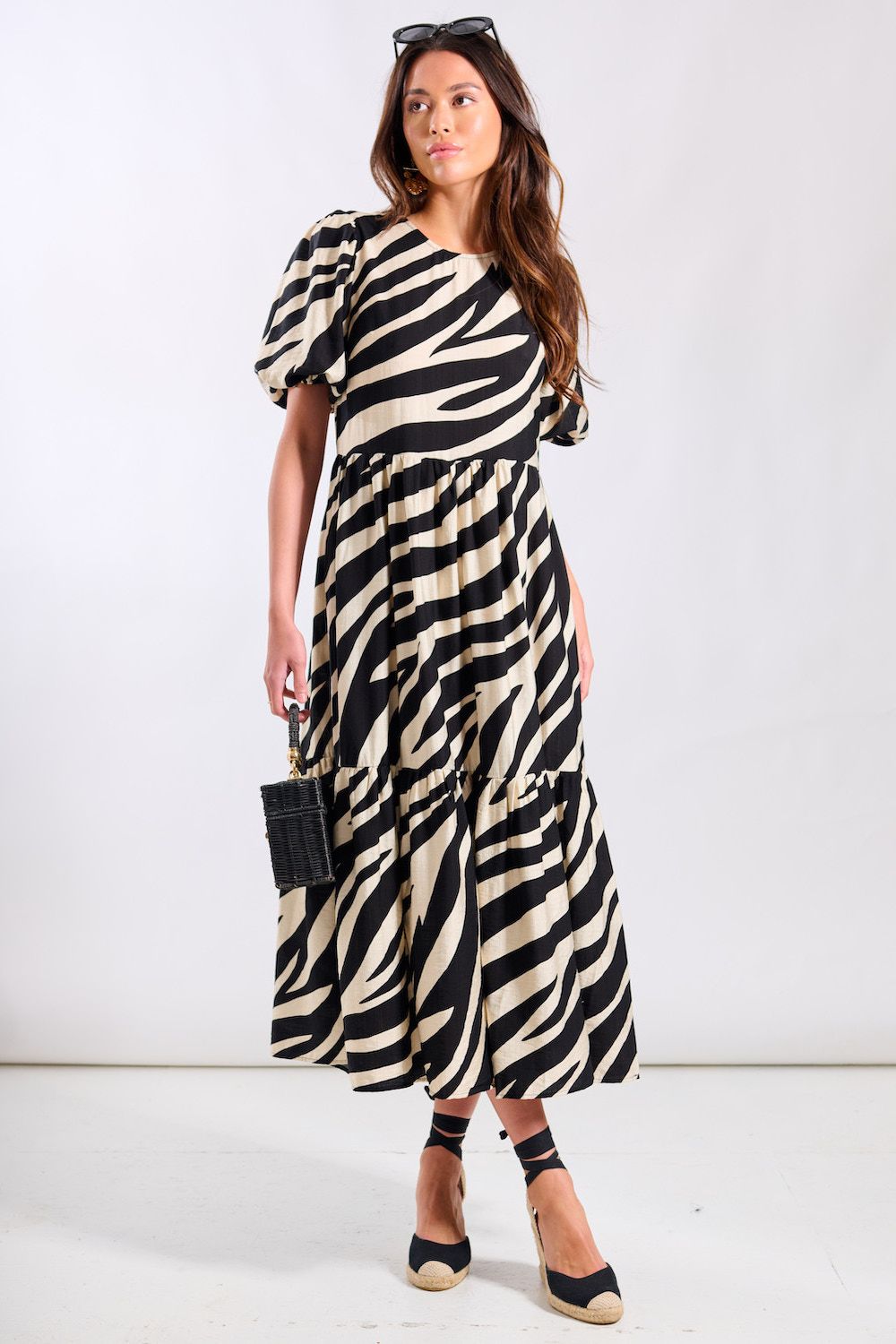 Needs No Label Cream Animal Viscose Puff Sleeve Midi Dress