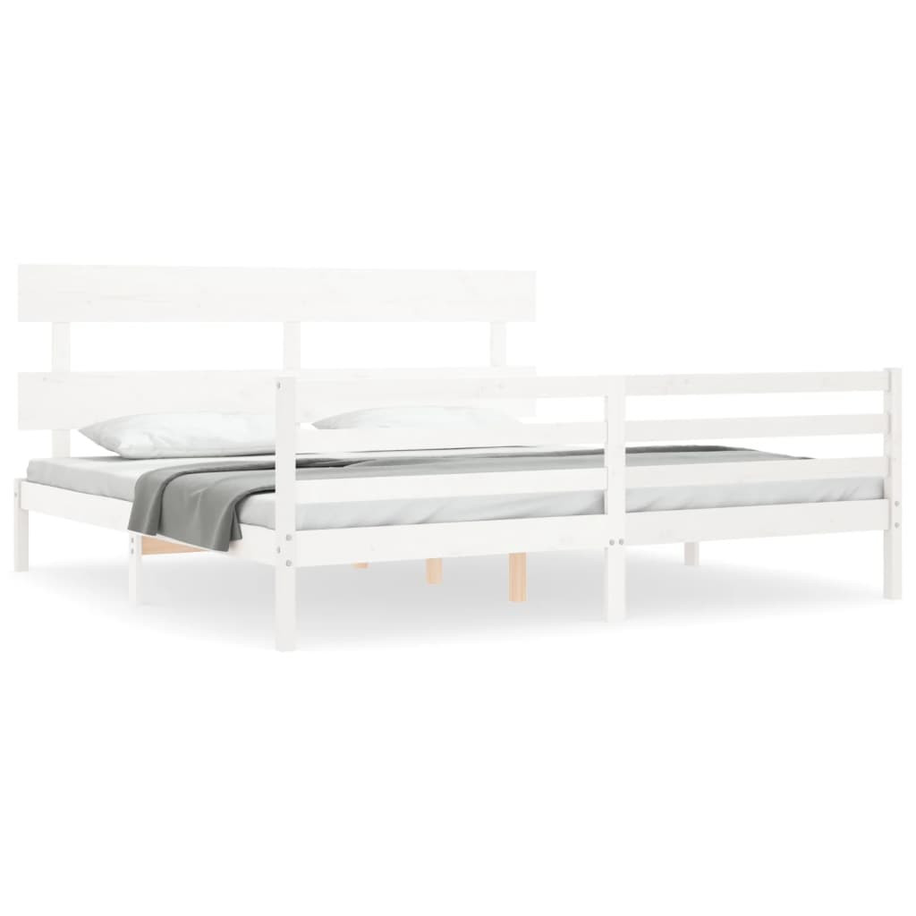 Rama łóżka z wezgłowiem biała 200x200 cm lite drewno