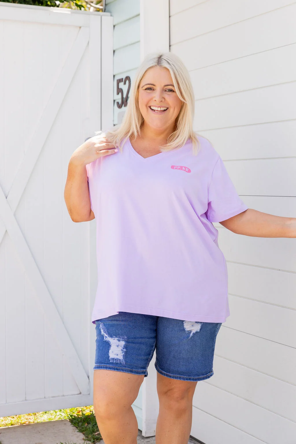 Della Relaxed V-Tee in Be Okay Lilac by Kasey Rainbow