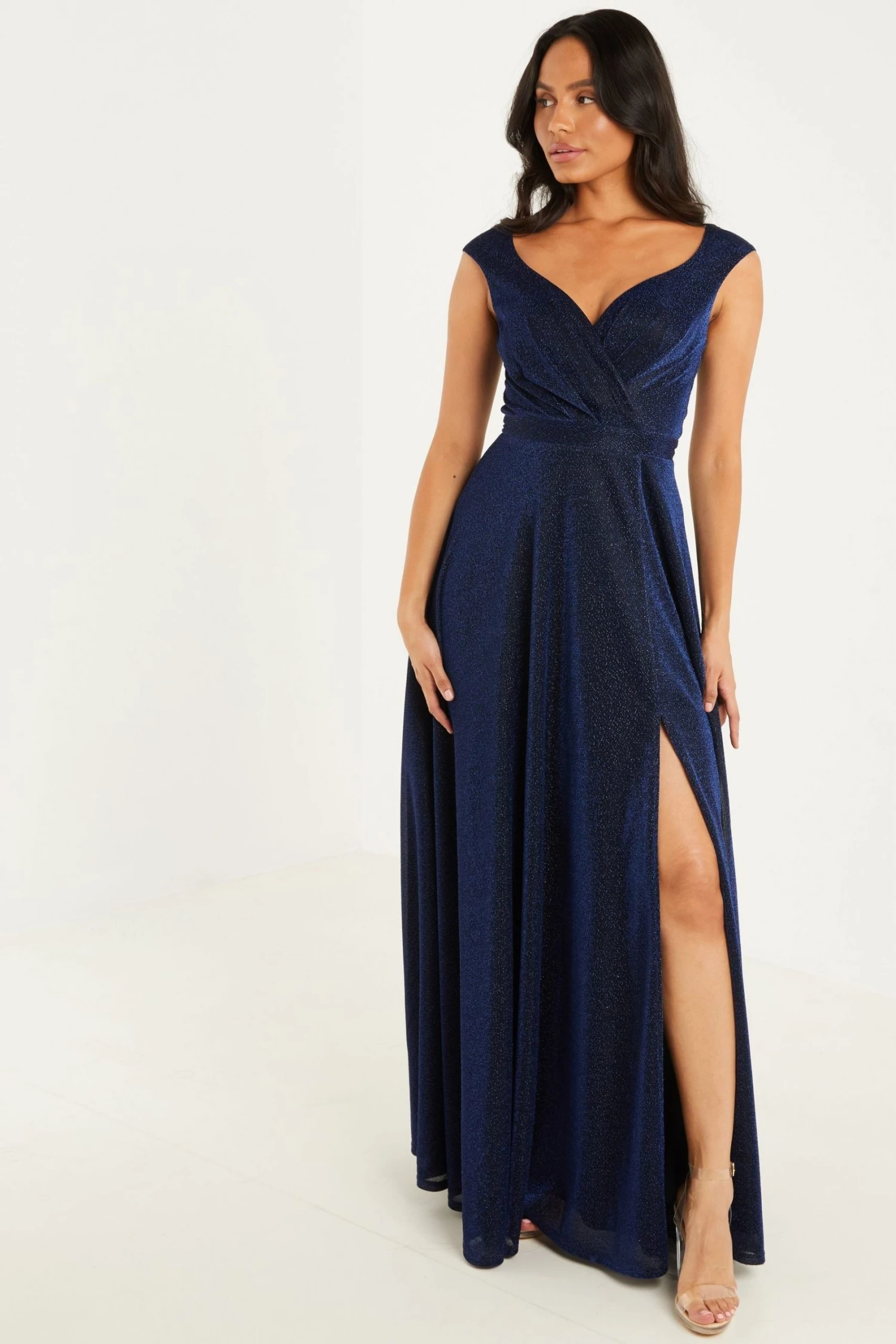 Quiz Navy Glitter Wrap Front Split Maxi Dress