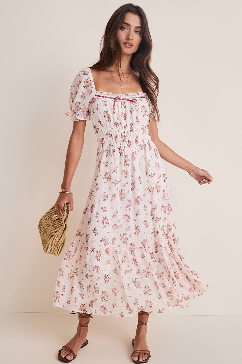 Ella Ditsy Floral Puff Sleeve Midi Dress