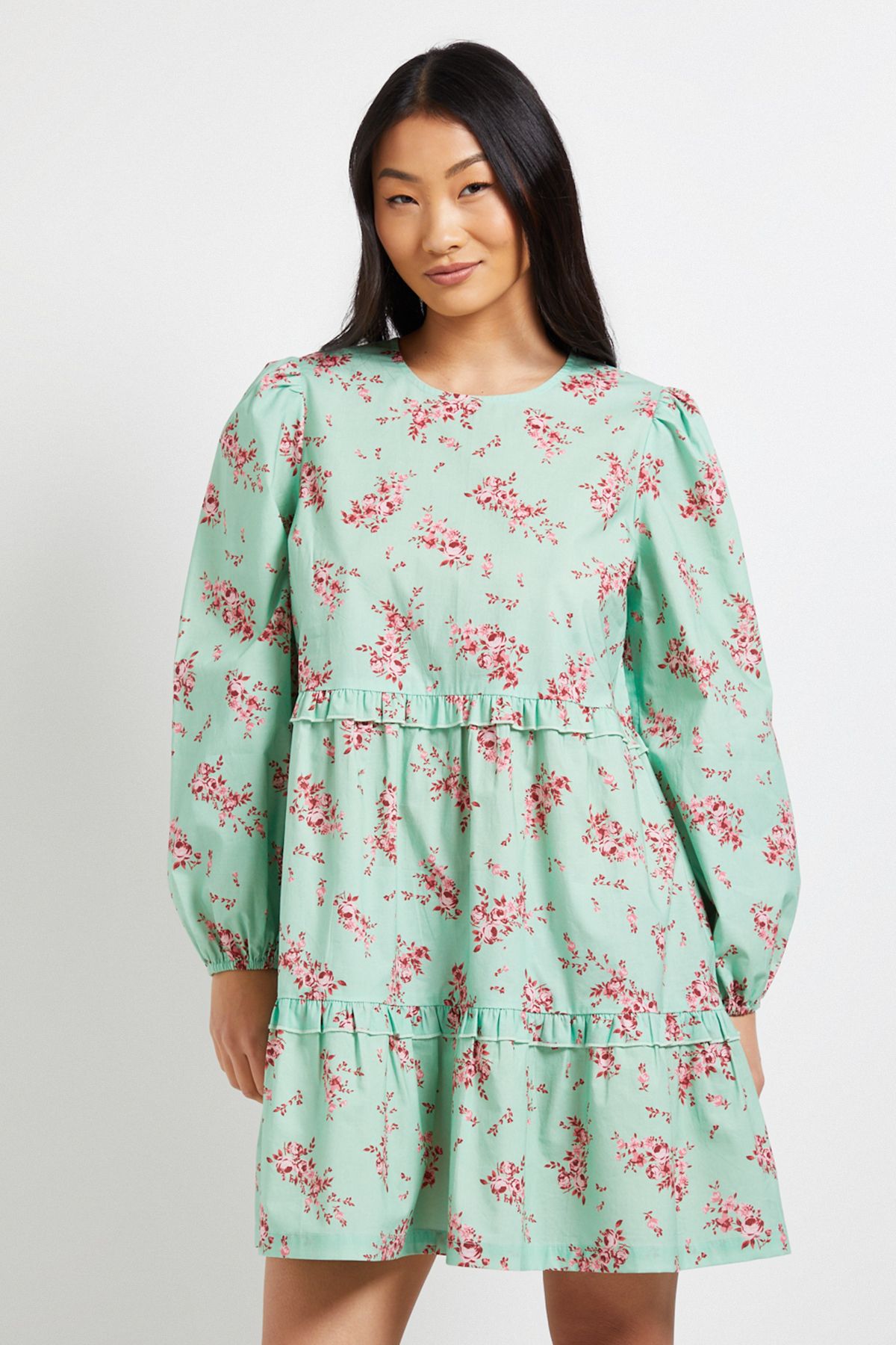 Dorothy Perkins Petite Floral Frill Tiered Printed Poplin Mini Smock Dress