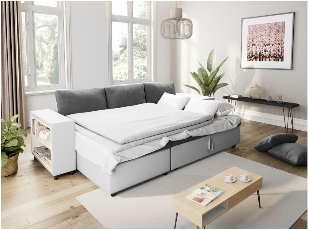 MADY - Canapé d'angle convertible avec rangement poufs à droite blanc/gris