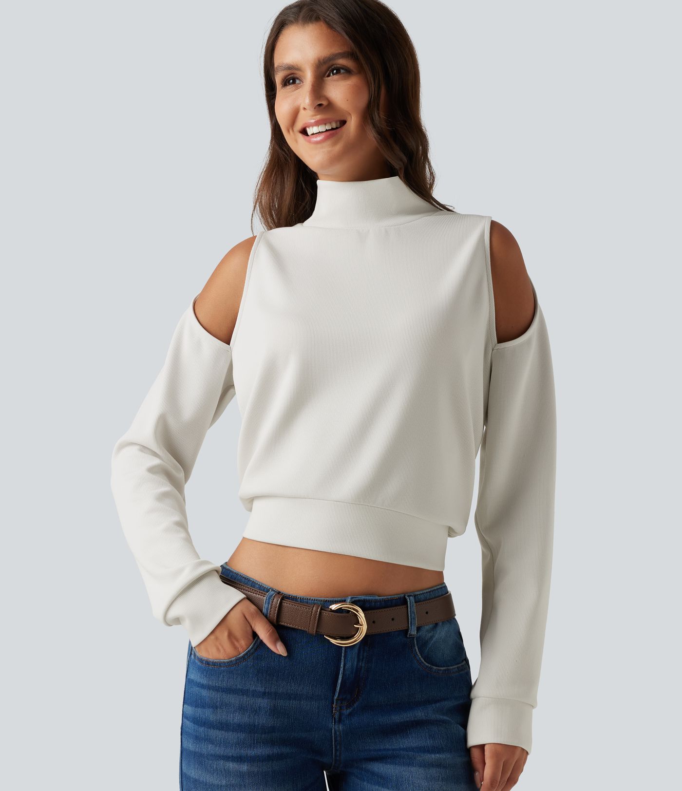 Sweat-shirt à col montant, épaules ajourées et manches longues