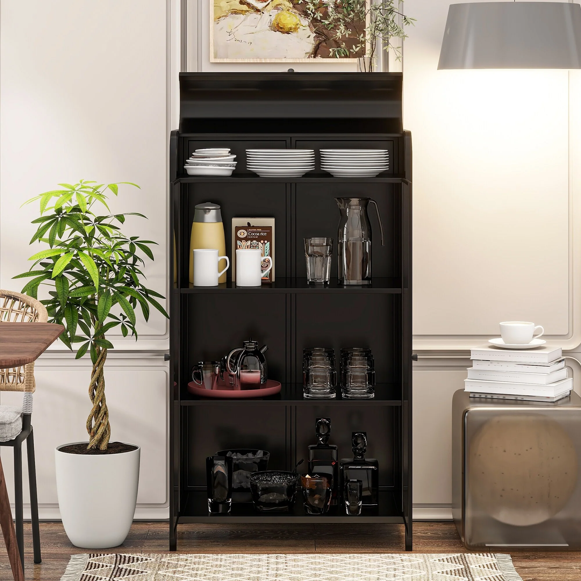 47.6 Tall Metal Storage Cabinet with Glass Doors & Flip-Top, 4-Tier Display Cabinet with Open Shelves