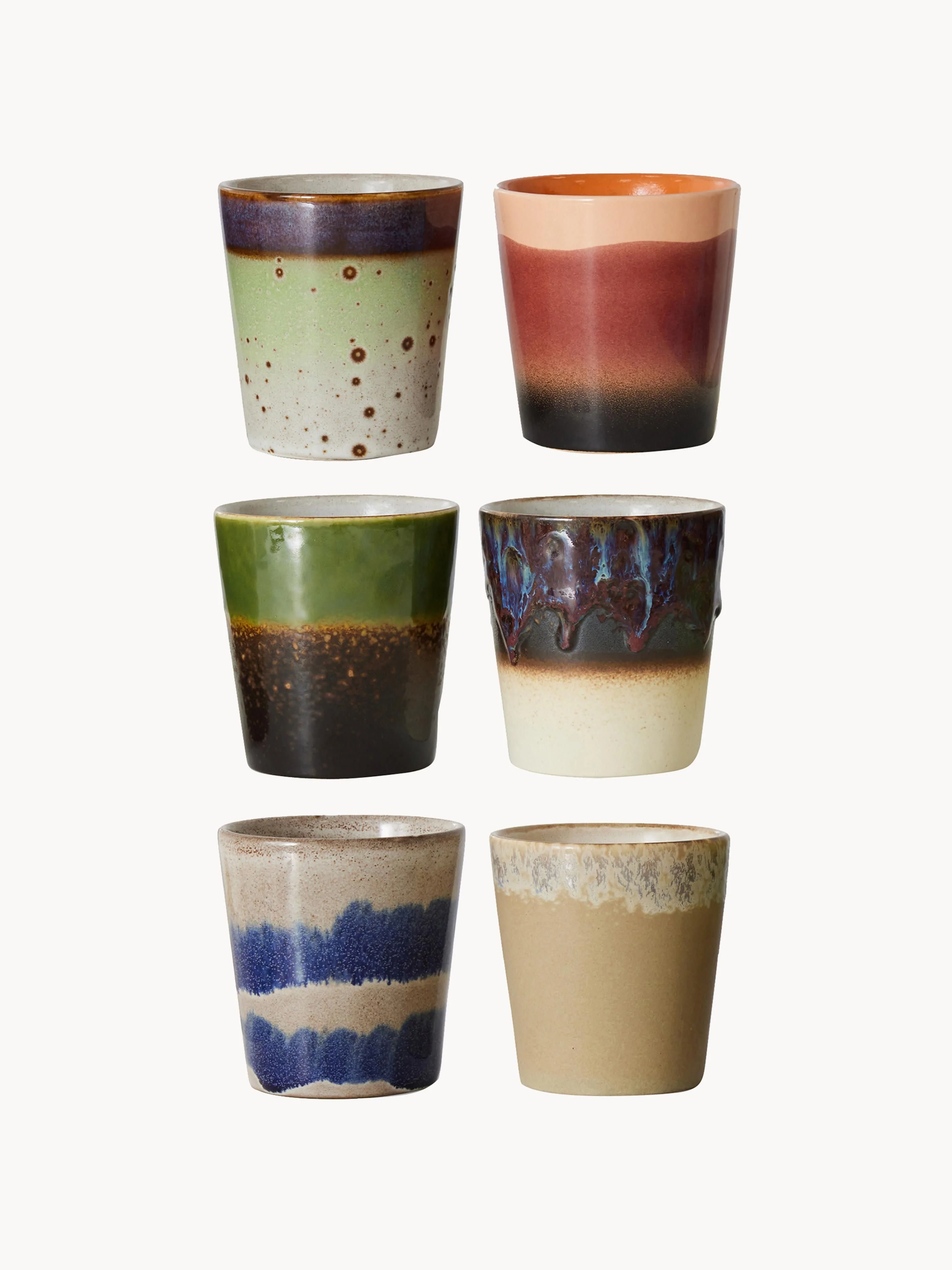 Handgefertigte Becher 70's mit reaktiver Glasur, 6er-Set
