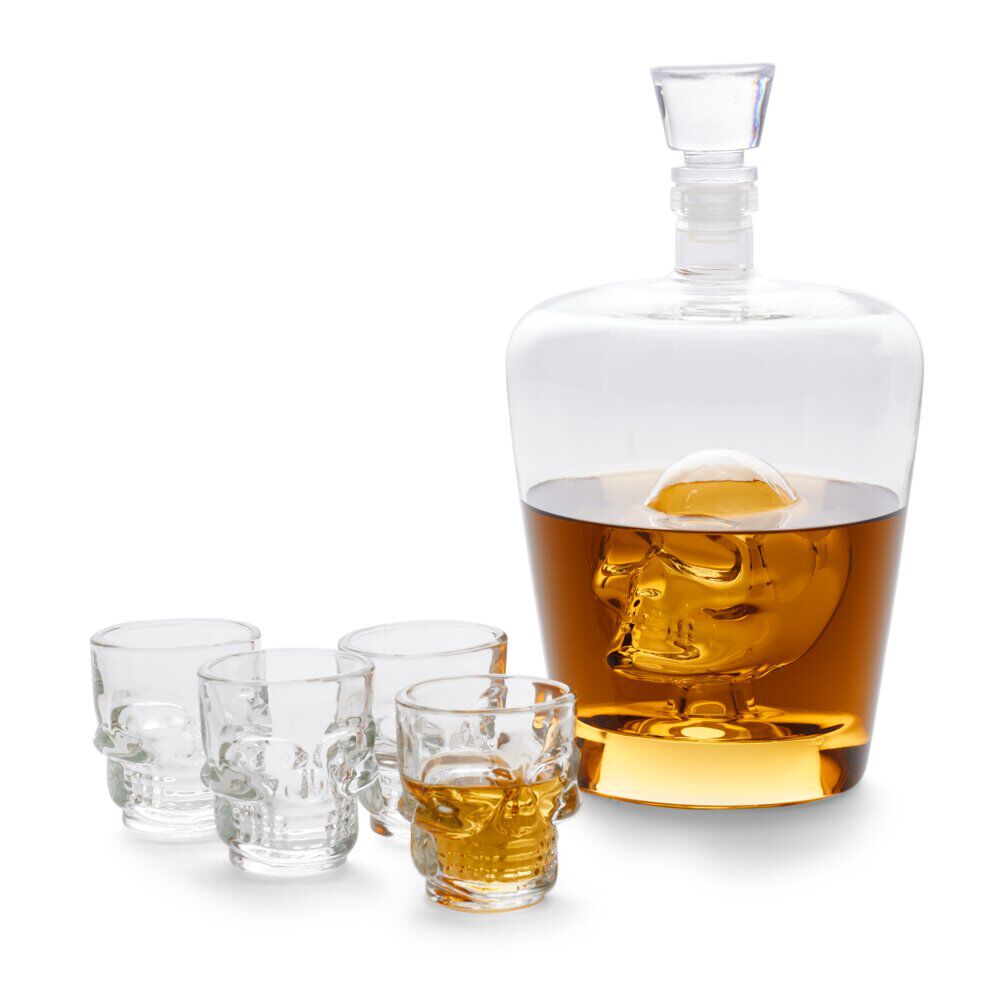 Coffret rhum carafe et verre x4 design tête de mort