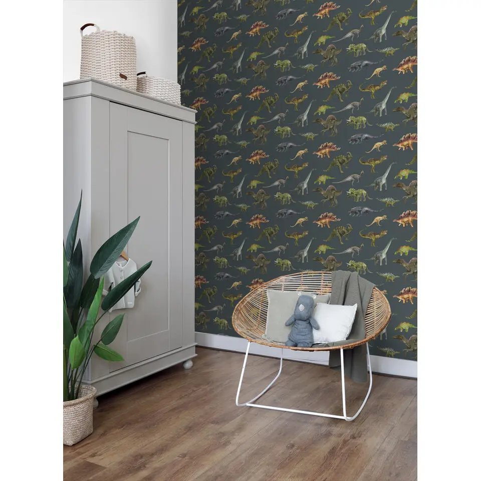 Sanders & Sanders behang dinosaurussen donkerblauw en groen - 50 x 900 cm