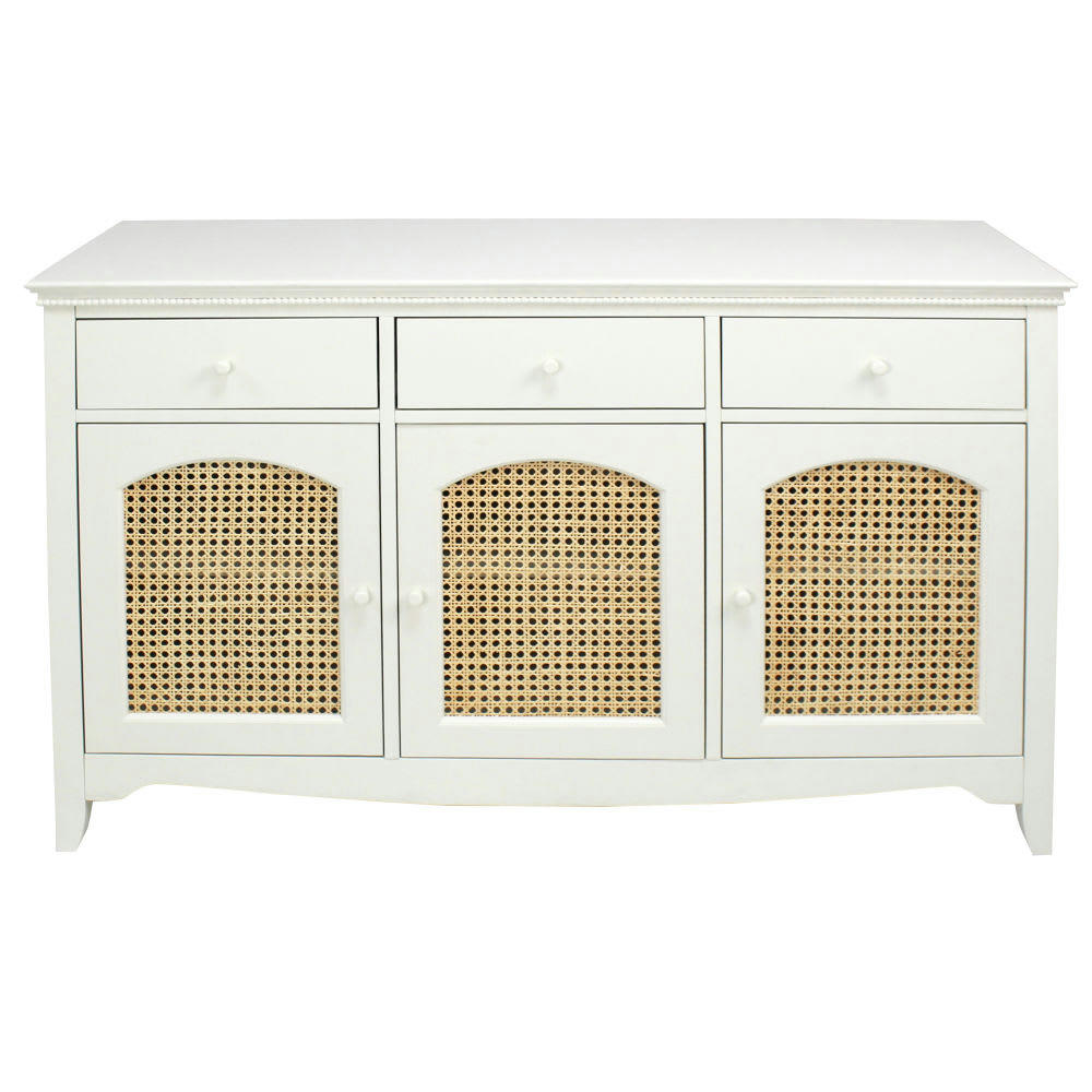 Debbie - Buffet enfilade en cannage 3 portes et 3 tiroirs blanc cassé