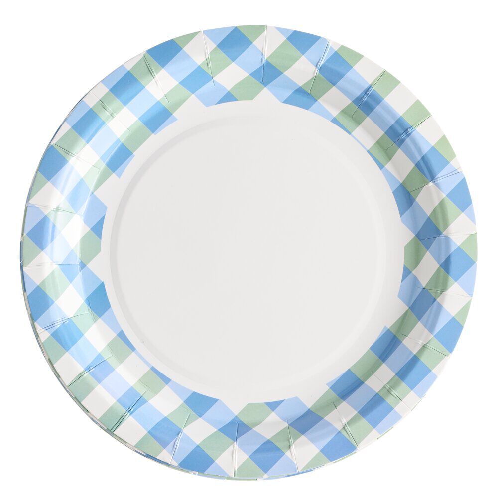 Assiettes dessert x8 carton motif carreaux blanc et bleu Ø18cm