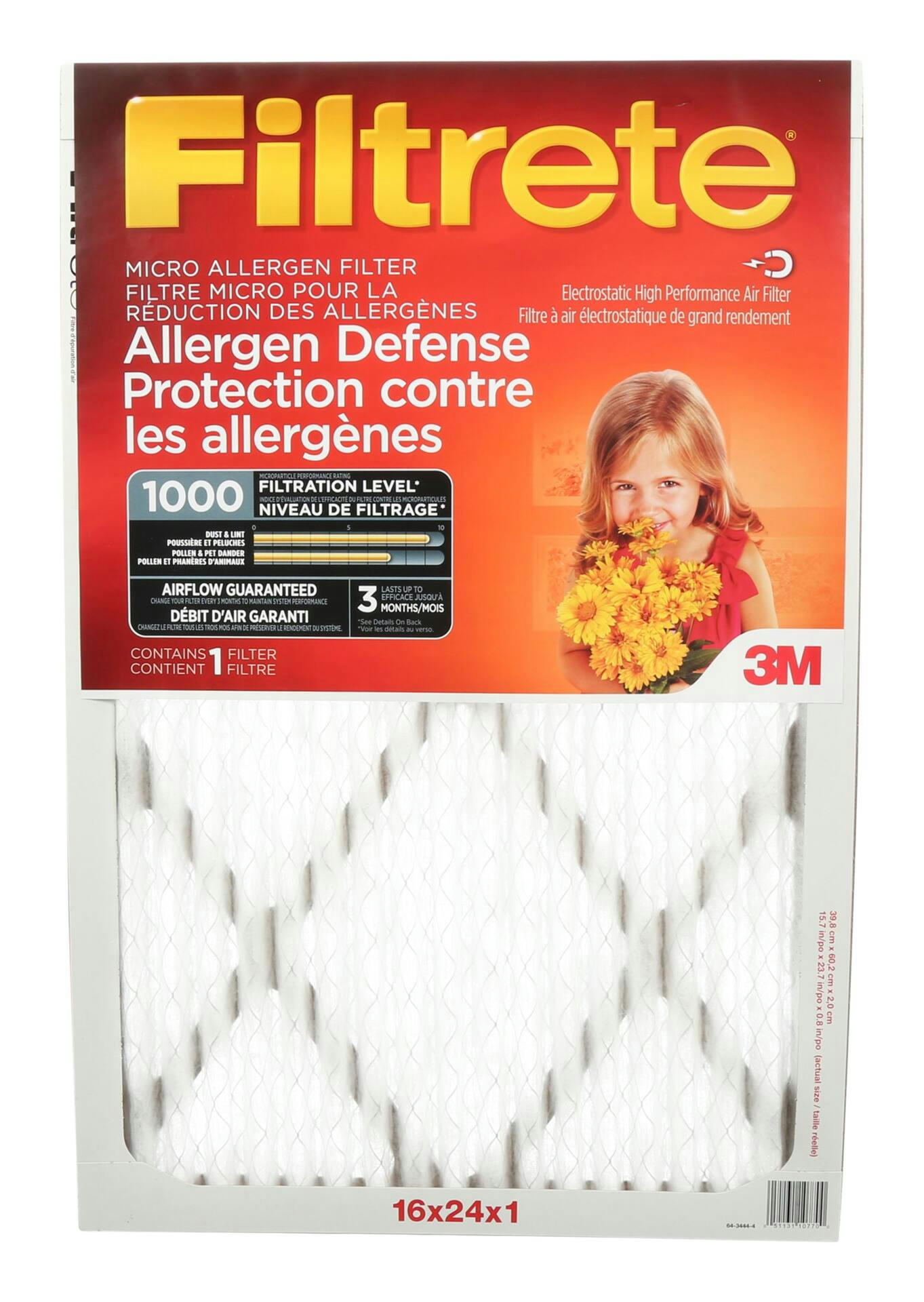 3M™ Filtrete™ Allergen Defense Micro Allergen Filter, MPR 1000, 16 x 24 x 1-in, 1-pk