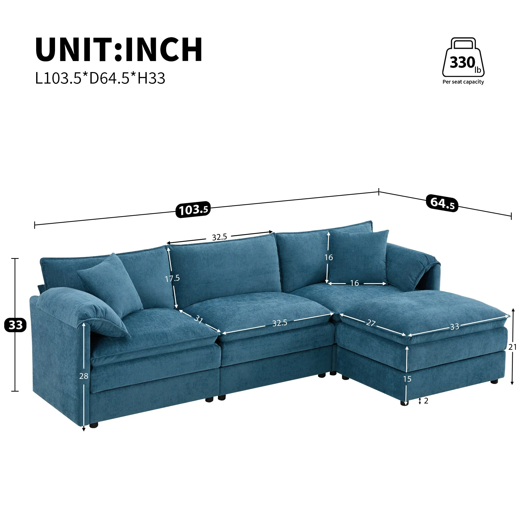 Conertible L Shape Modular Sectional Sofa wOttoman Chenille 4 Seat Sofa