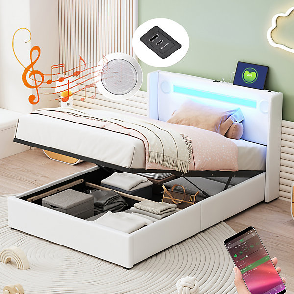 Lit rembourré 90 sur 200 avec éclairage LED lecteur Bluetooth port USB rangement en cuir PU sommier inclus pour chambre jeune