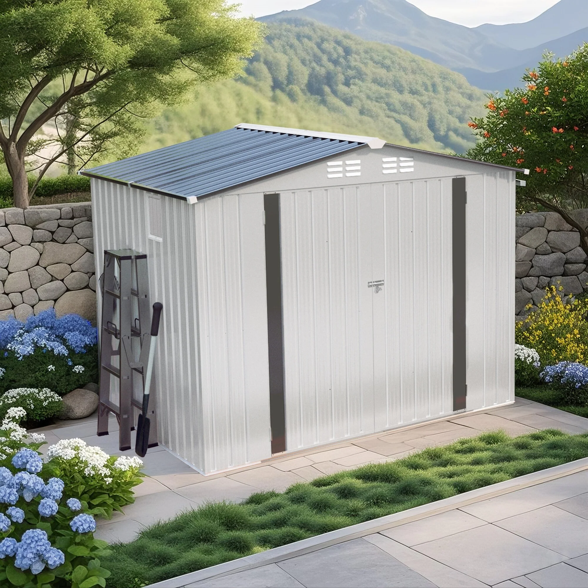 8X6 FT Metal Outdoor Storage Shed, Tool Shed with Pitched Roof Waterproof with Side Window and Lockable Door