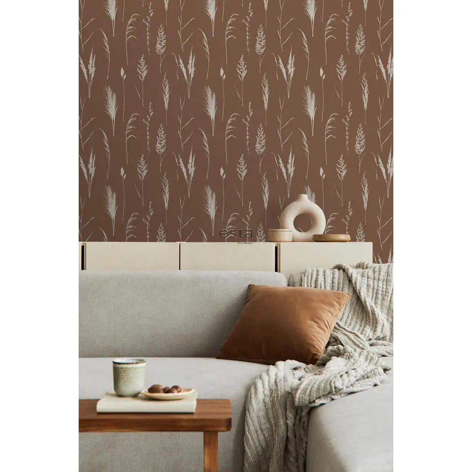 ESTAhome behang pampasgras pluimen roest bruin - 50 x 900 cm
