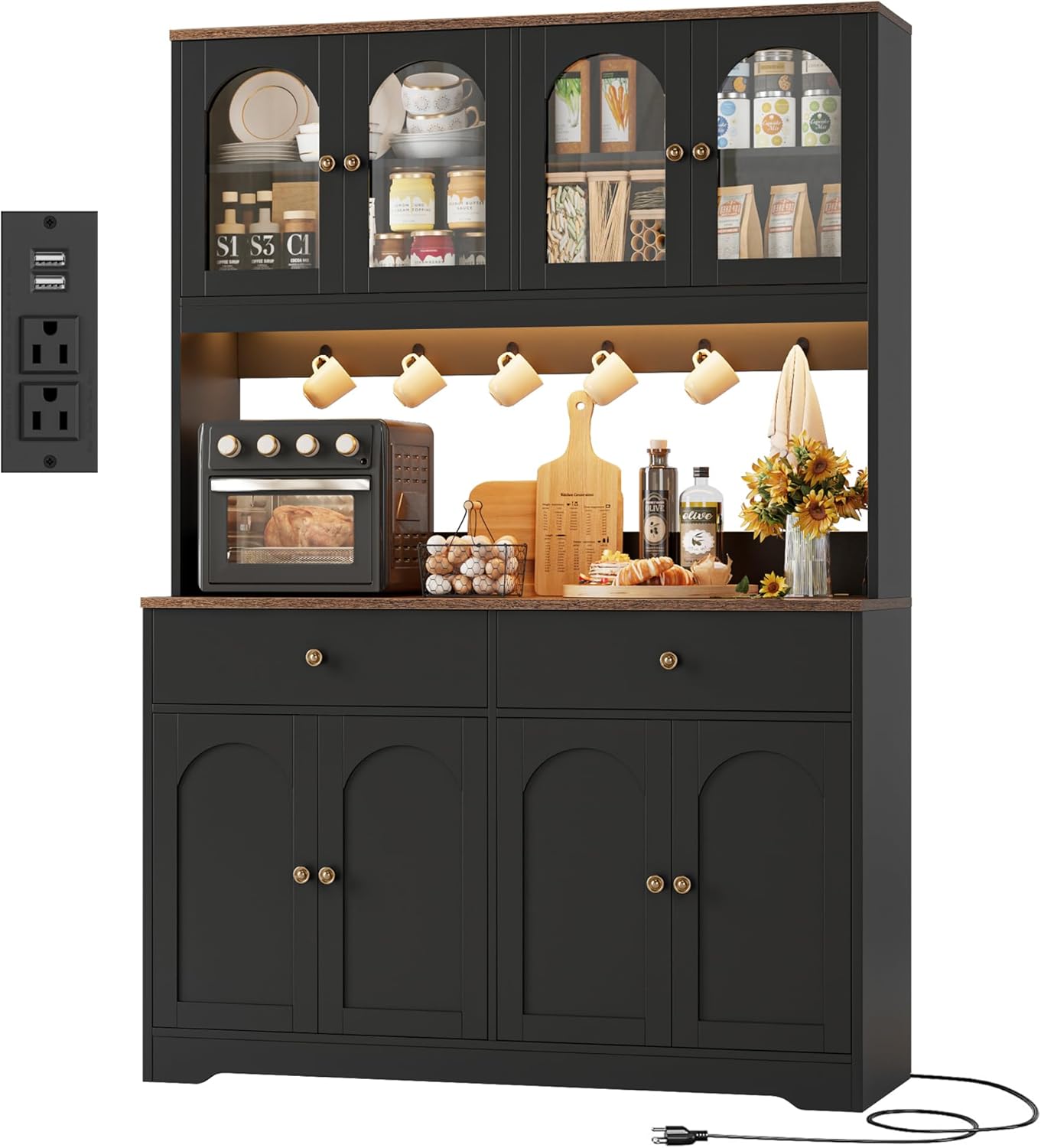 HIFIT 71 LED Kitchen Pantry Cabinet with Power Outlet, Large Kitchen Hutch Storage Cabinet with Arched Door & Shelves & 2 Drawers, Tall Farmhouse Coffee Bar w/Hutch for Home Dining Living Room, Black