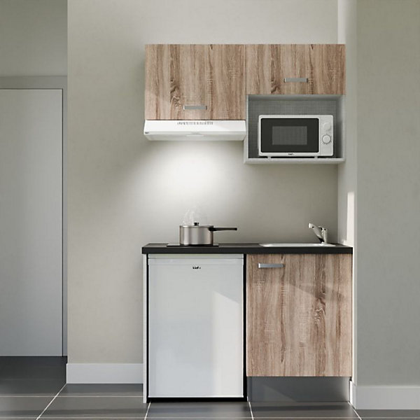 Kitchenette K02 façades Bois - Plan de travail Noir texturé - Crédences : Non - Evier inox - Electroménager Blanc inclus