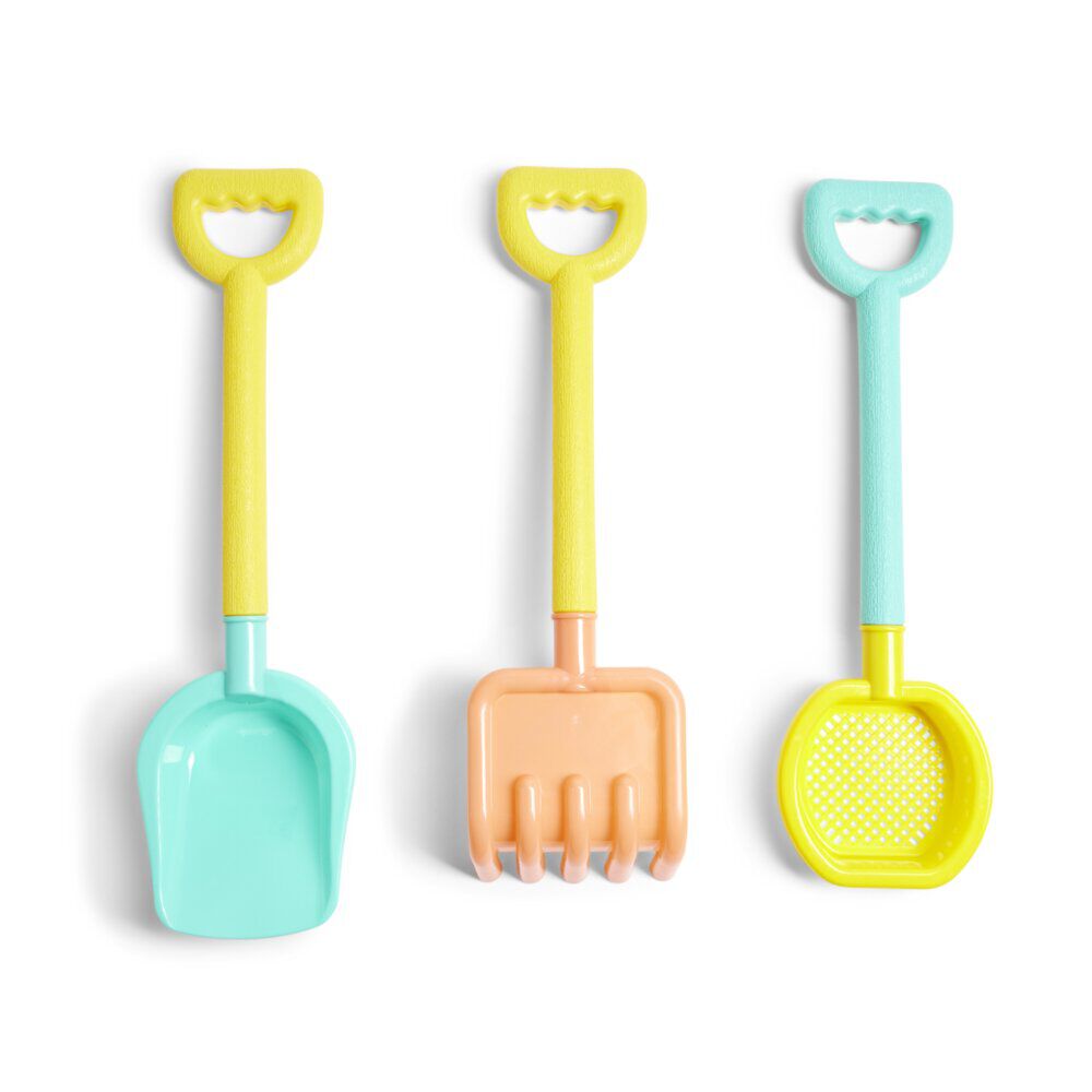 Set jeu de plage pelle, râteau et tamis plastique