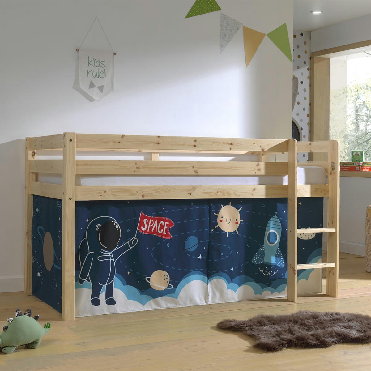 PINO - Lit mi-hauteur 90x200 sommier inclus housse space naturel