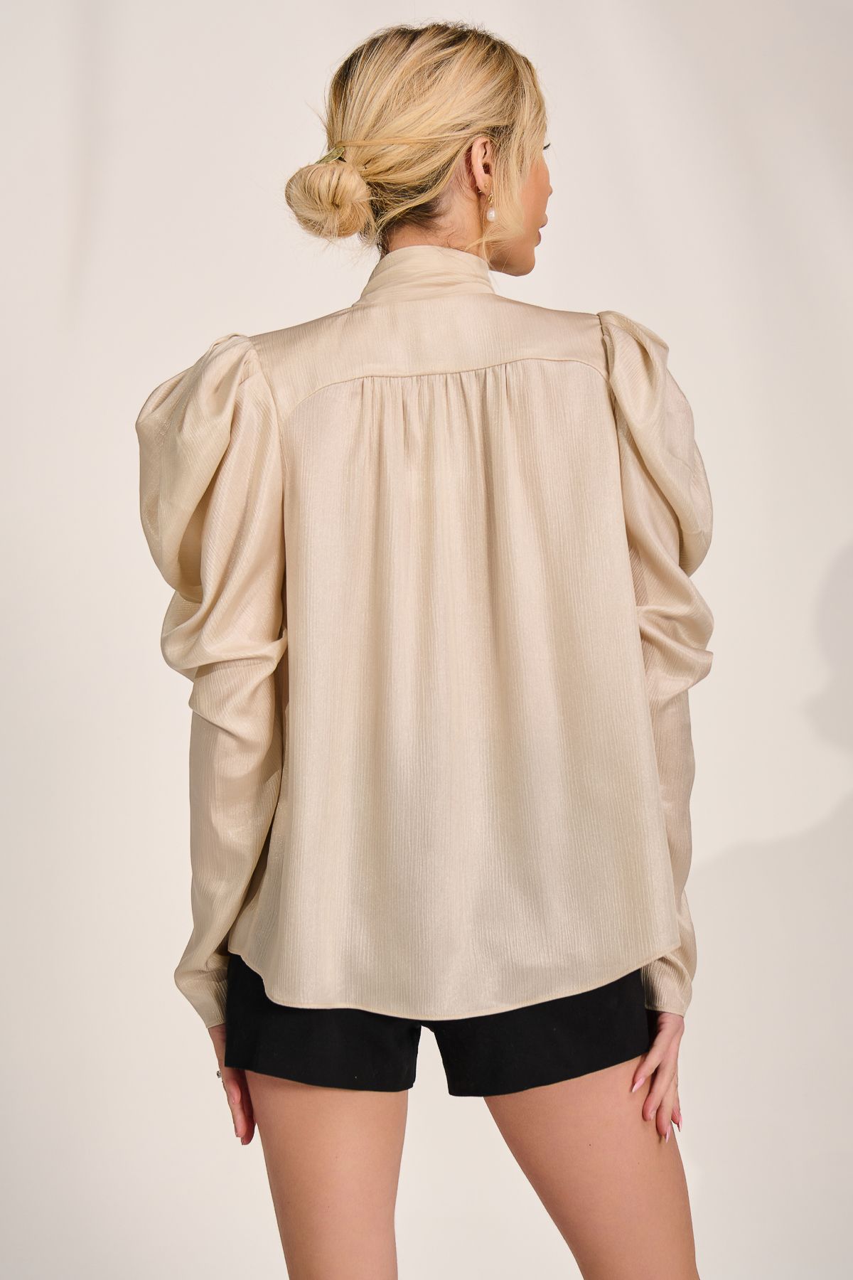 Jolie Moi Bow Neck Puff Sleeve Satin Blouse