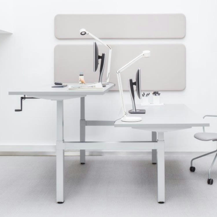 OGI DRIVE - Bureau double réglable en hauteur en acier et mélamine blanc