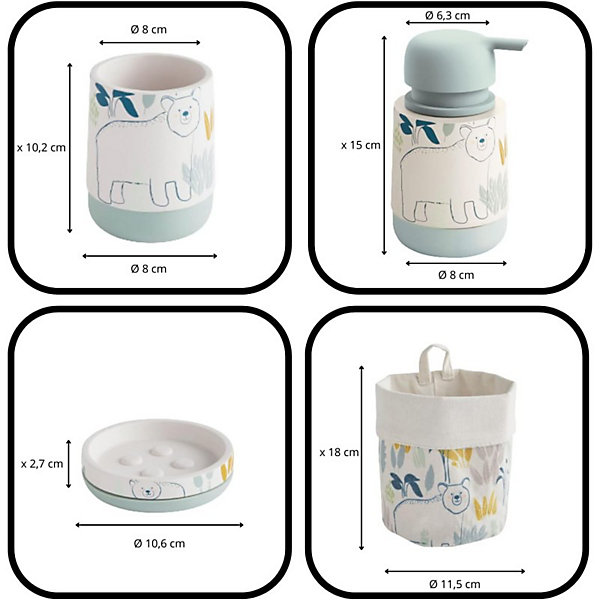 Lot accessoires salle de bain motif ours en polyrésine et polycoton