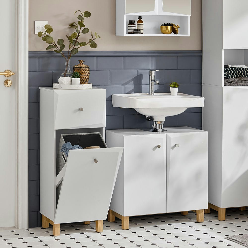 - Meuble bas 1 tiroir et 1 panier à linge effet bois blanc