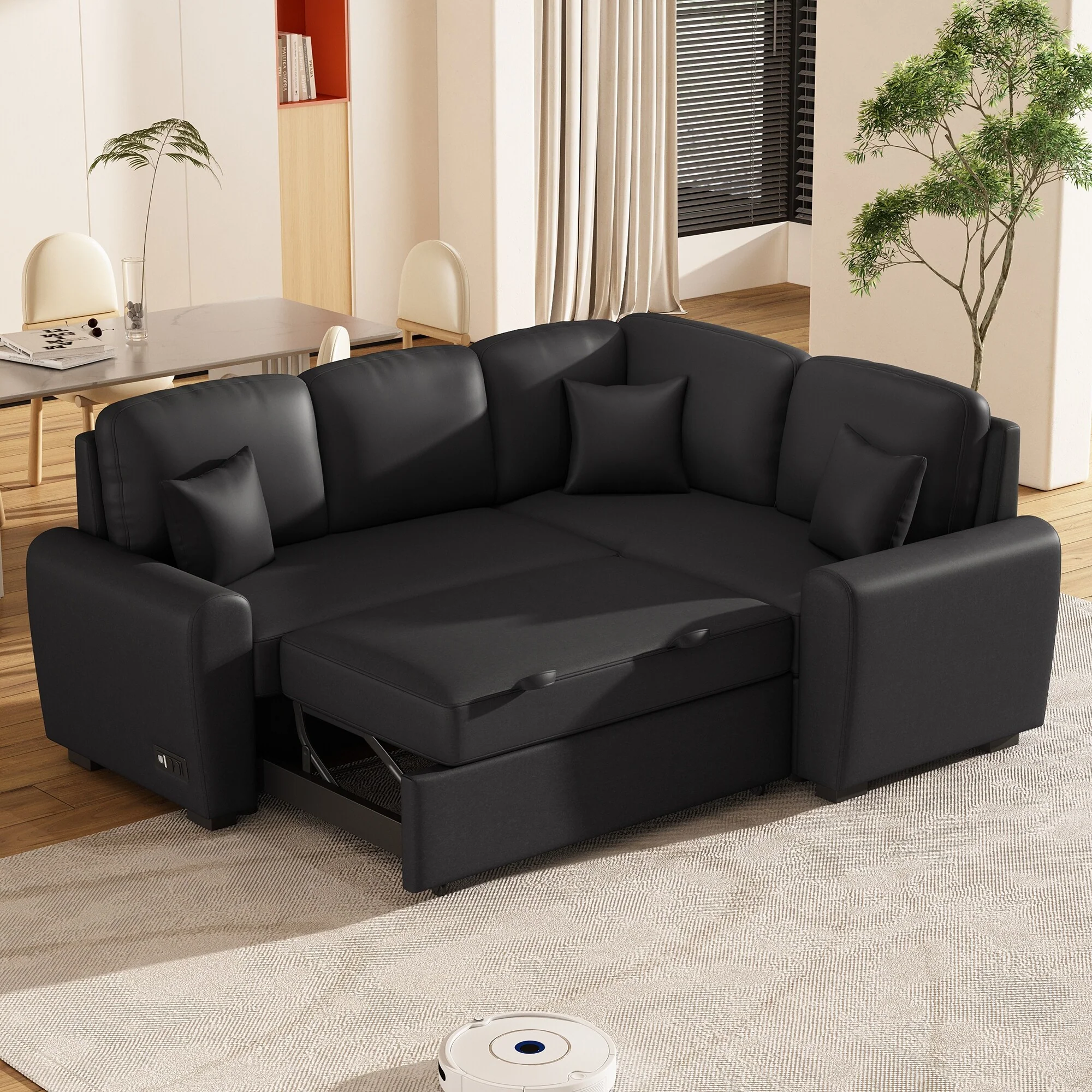 87.4 L-Shaped 4-Seater Sofa with Pull-Out Bed & USB Charging