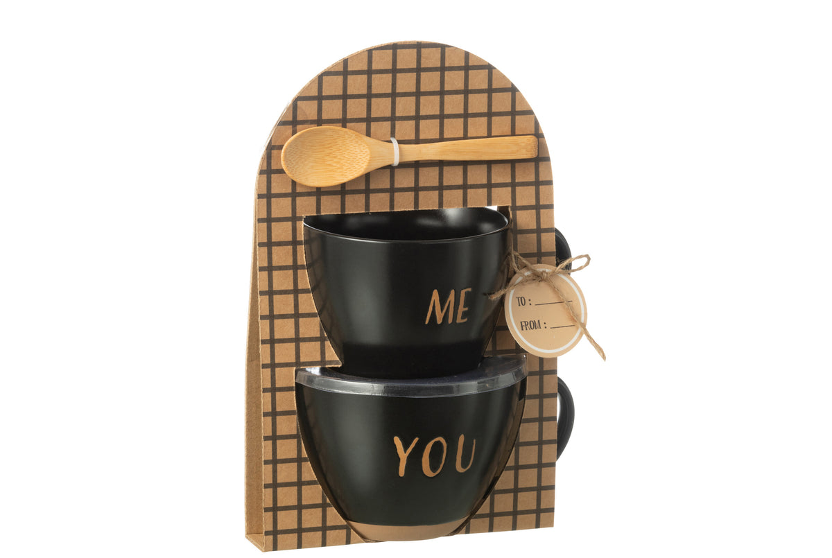 J-Line kop You & Me   lepel - keramiek - zwart - giftbox van 2 stuks