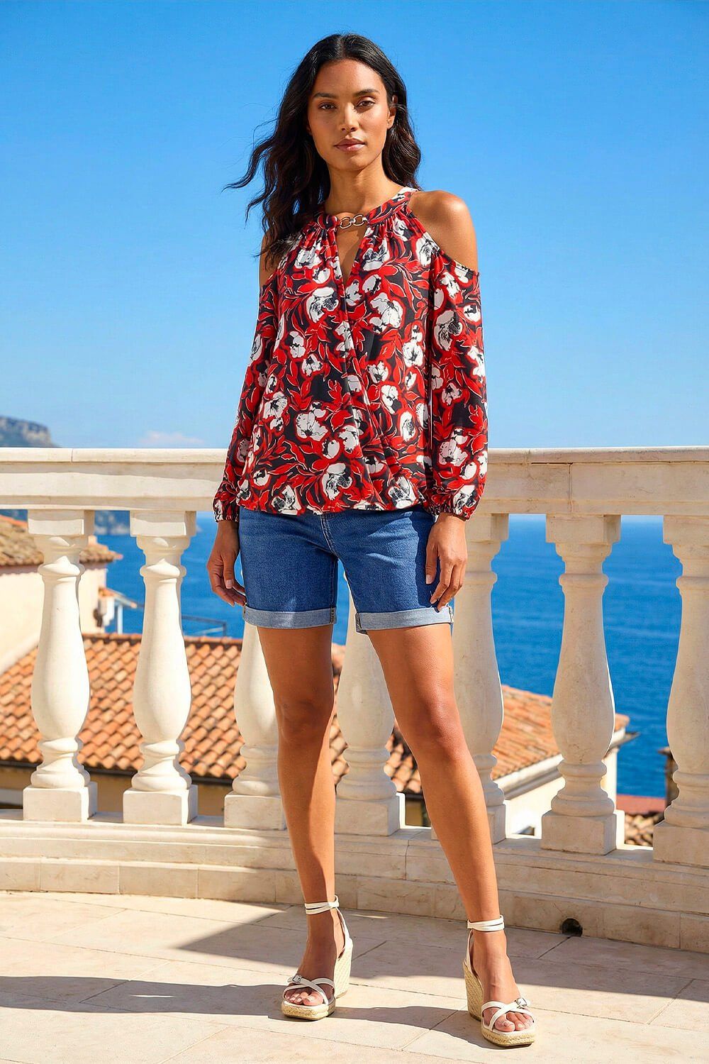 Roman Printed Cold Shoulder Stretch Top
