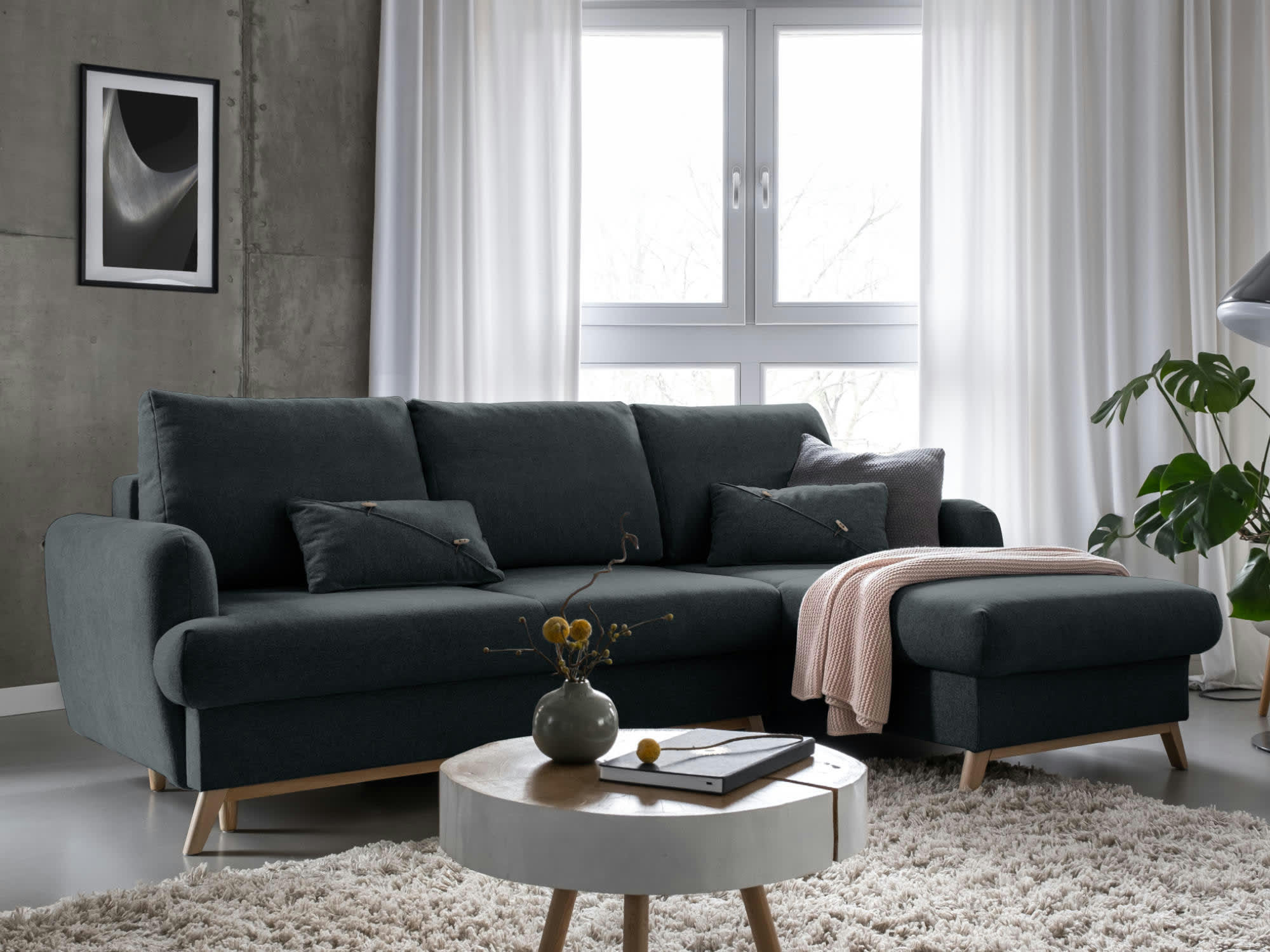 LAGOM - Canapé d'angle droit convertible 4 places en tissu gris foncé