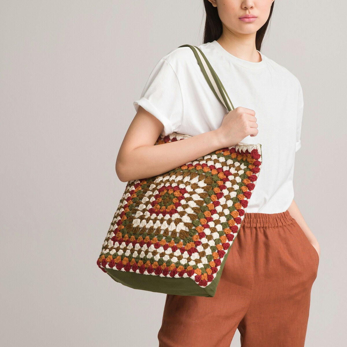 Tote bag en macramé pur coton, multicolore