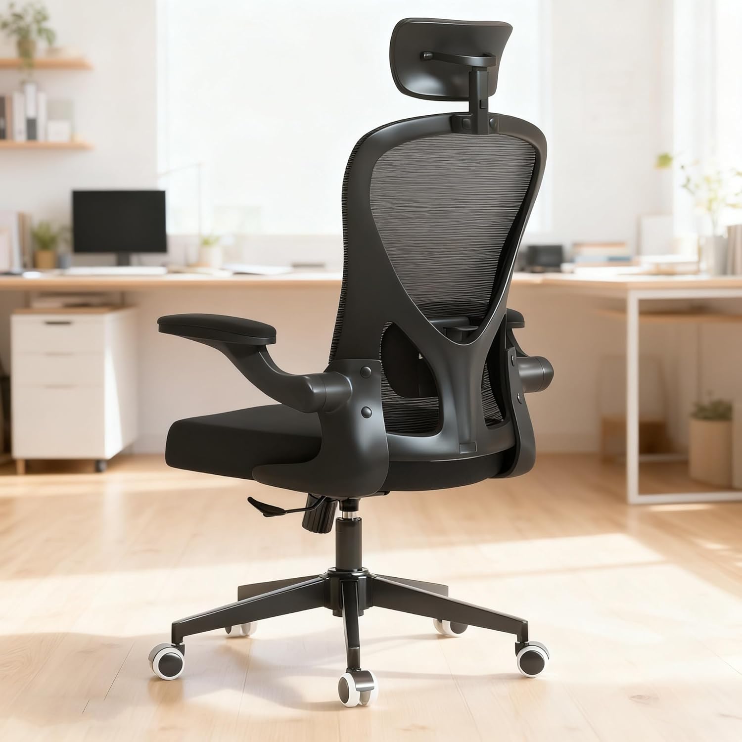 Office Chair with Adjustable Lumbar Support & Flip-Up Armrests -Ergonomic High Back Computer Desk Chair with Thickened Seat Cushion, Rolling Wheels for Home/Office Study Work (02H-Black)
