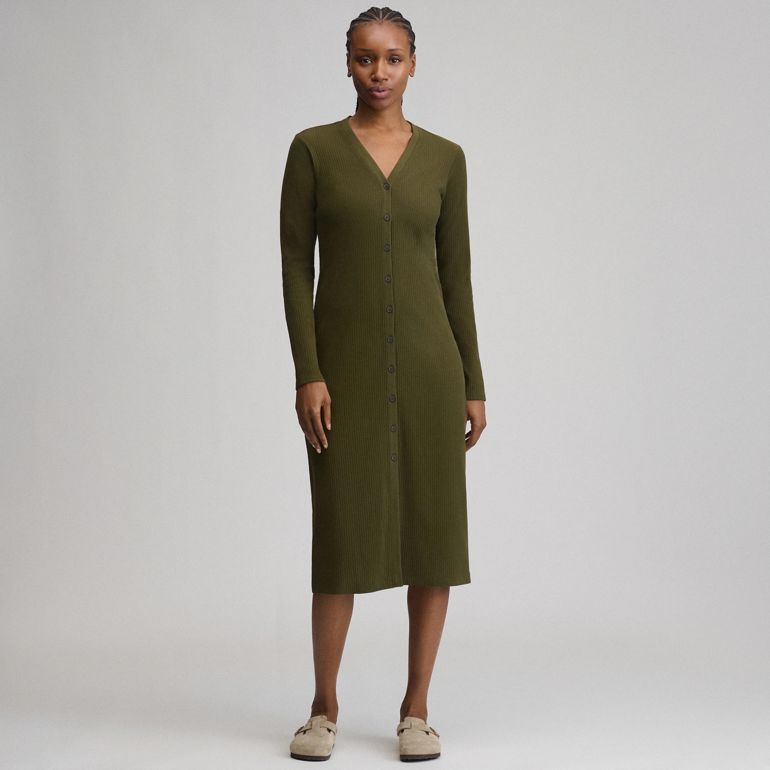 Women's Long-Sleeve Button Front Ribbed Knit Midi Dress
