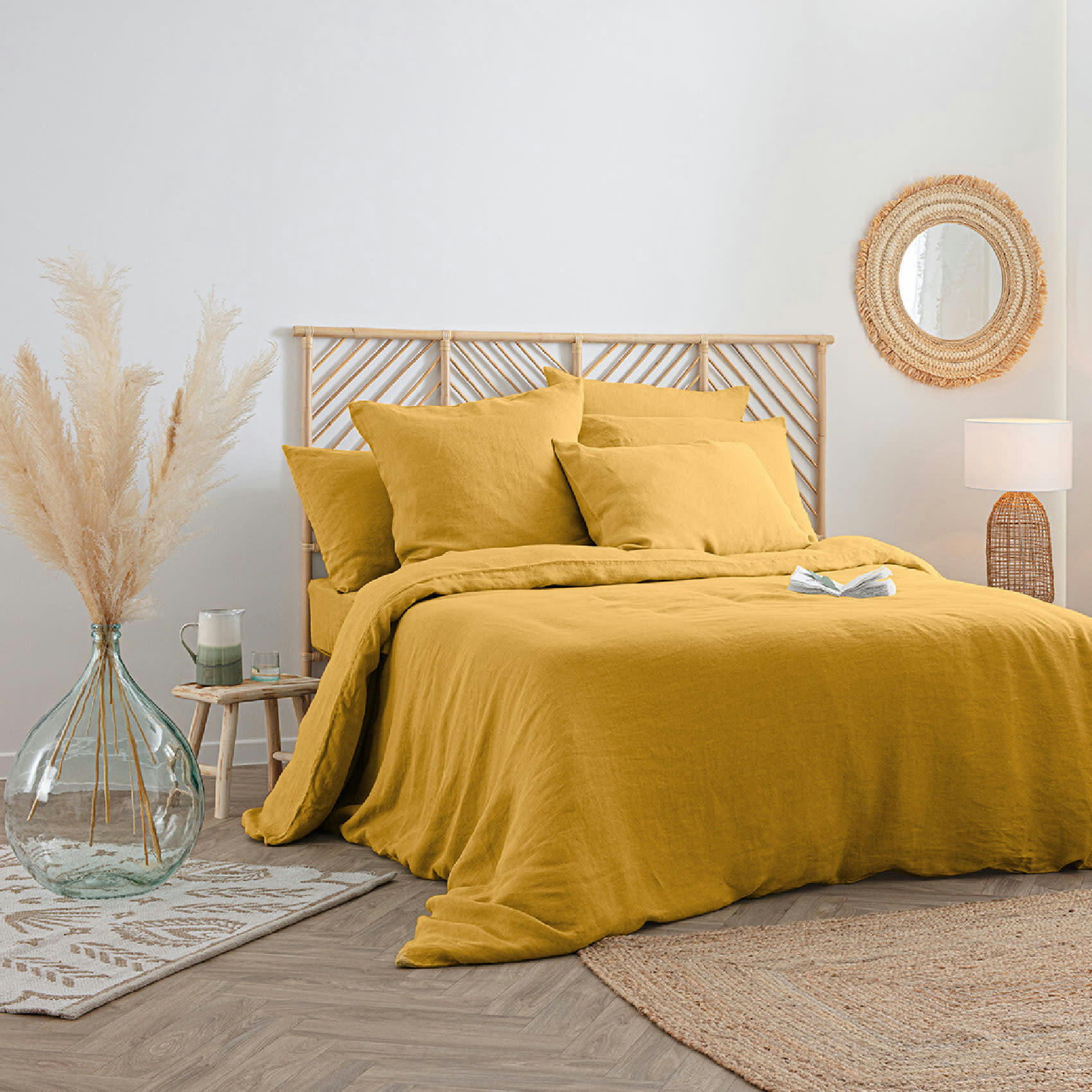 - Housse de couette en 100% lin jaune ocre 240x220 cm