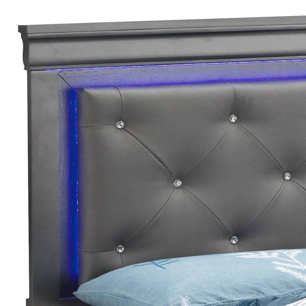 Queen Bed Metallic Black Wood LED Headboard Tufted Design 63x85 Inch