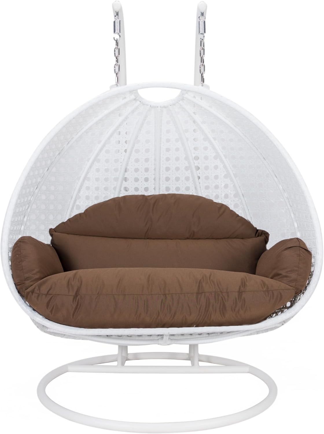 LeisureMod 2 Person Hanging Egg Chair, Indoor Outdoor Patio Lounge Swing with White Stand & UV-Resistant Cushions, Hammock Chair for Bedroom & Garden, Brown