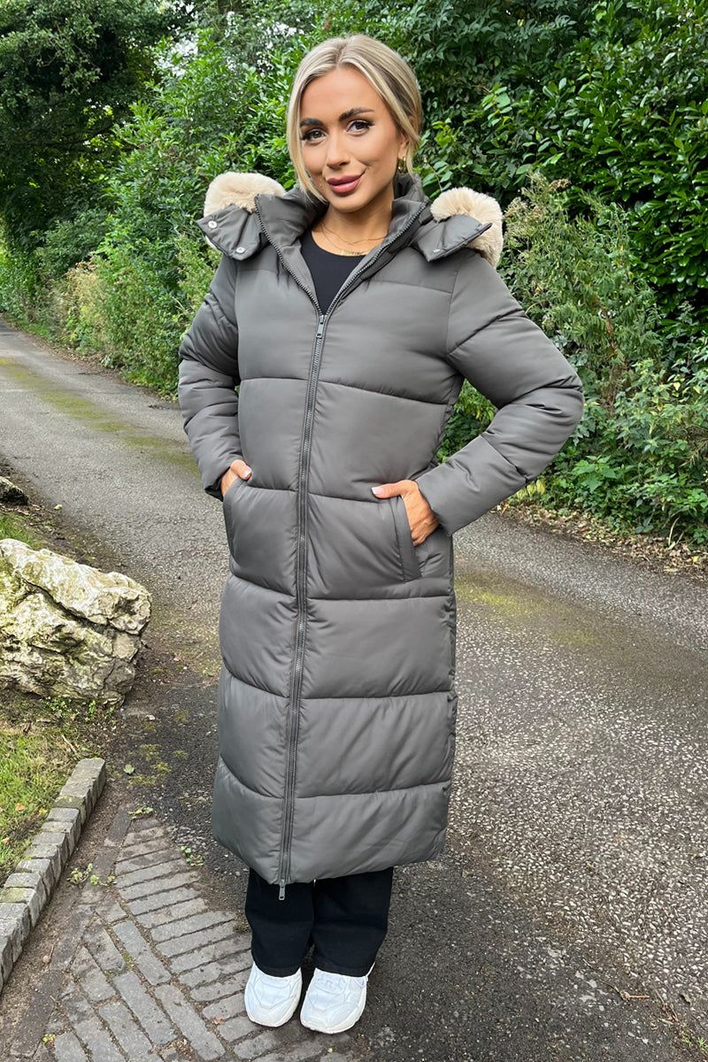 AX Paris Khaki Faux Fur Hooded Longline Padded Coat