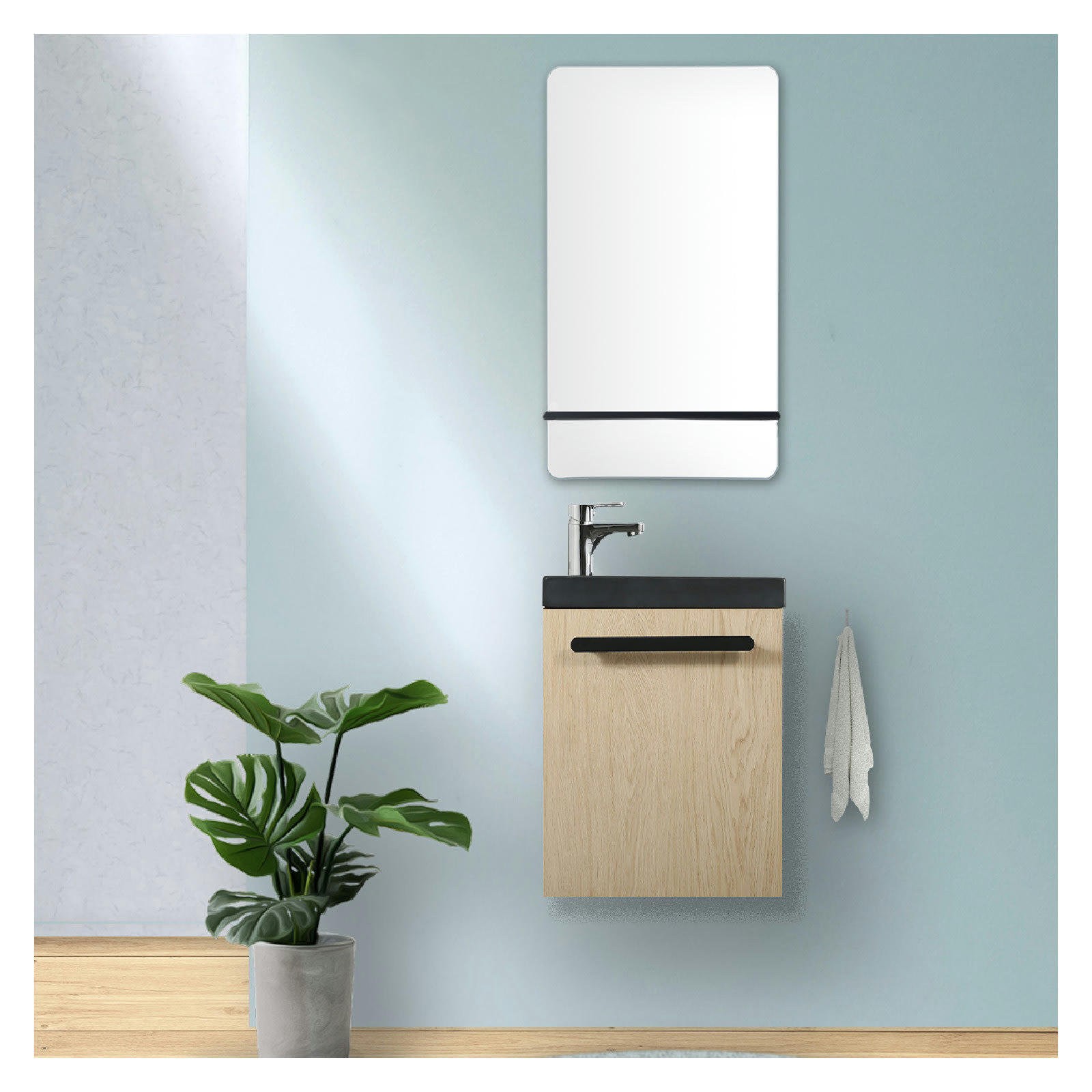 NEVADA - Meuble lave-mains  Décor chêne vasque noire + robinet chromé + miroir